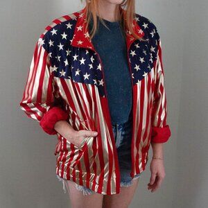 Shiny Satin Gold Striped American Flag Zipper Jacket size women's large